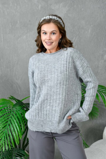 Kadın Geniş Yaka Fitilli Uzun Triko Kazak