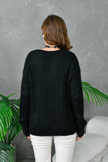 Kadın Geniş Yaka Fitilli Uzun Triko Kazak