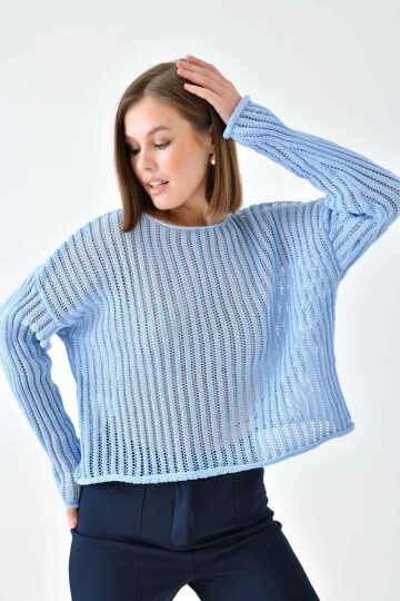 Kadın Geniş Yaka Örgü Detay Oversize Triko Kazak