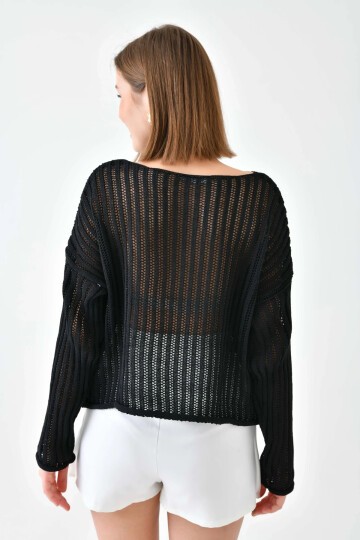 Kadın Geniş Yaka Örgü Detay Oversize Triko Kazak