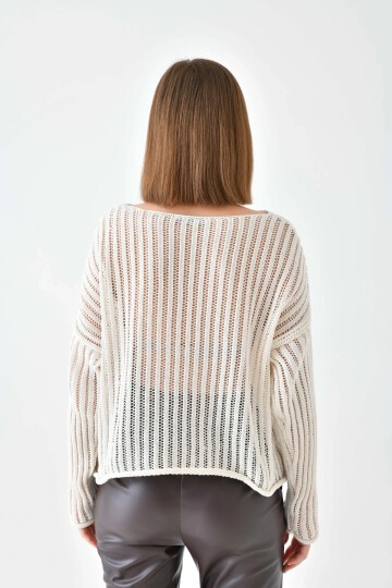 Kadın Geniş Yaka Örgü Detay Oversize Triko Kazak