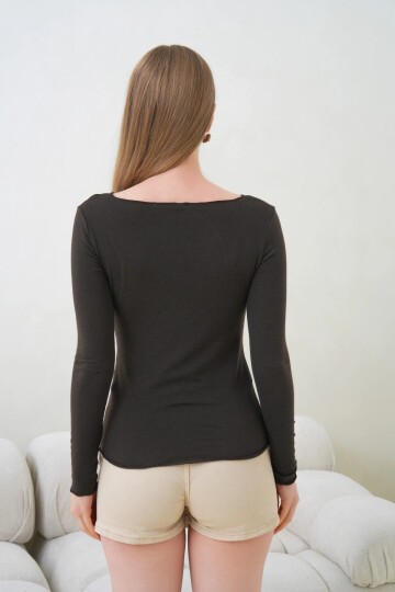 Kadın Geniş Yaka Uzun Kol Lycralı Penye Bluz