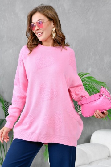 Kadın Kalp Desenli İnce Oversize Pembe Triko Kazak