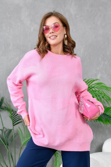 Kadın Kalp Desenli İnce Oversize Pembe Triko Kazak