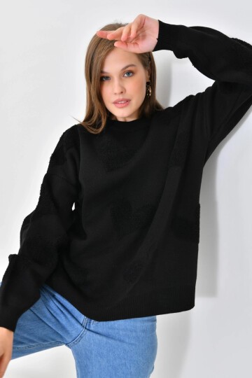 Kadın Kalp Desenli İnce Oversize Pembe Triko Kazak