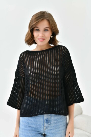 Kadın Kayık Yaka Örgü Detay Oversize Triko Kazak