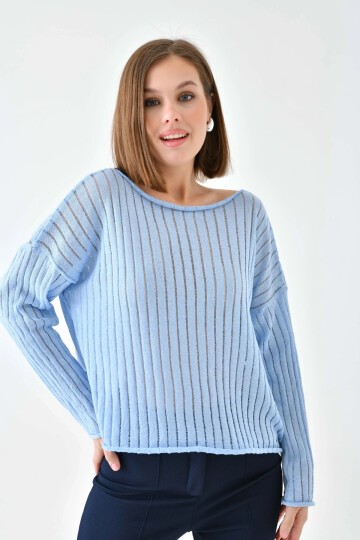 Kadın Kayık Yaka Örgü Detay Salaş Triko Kazak