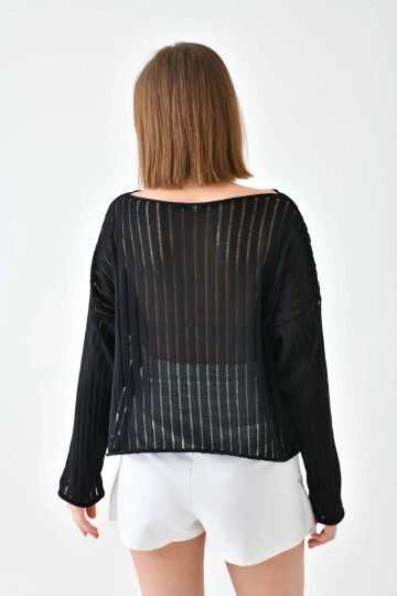 Kadın Kayık Yaka Örgü Detay Salaş Triko Kazak