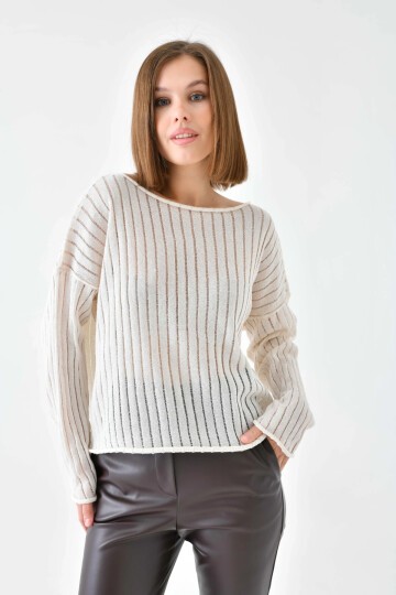 Kadın Kayık Yaka Örgü Detay Salaş Triko Kazak