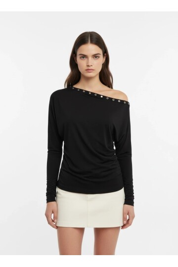 Kadın Kayık Yaka Yarasa Kol Yakası Troklu Lycralı Penye Bluz