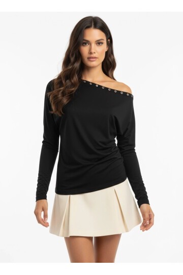 Kadın Kayık Yaka Yarasa Kol Yakası Troklu Lycralı Penye Bluz