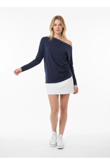 Kadın Kayık Yaka Yarasa Kol Yakası Troklu Lycralı Penye Bluz