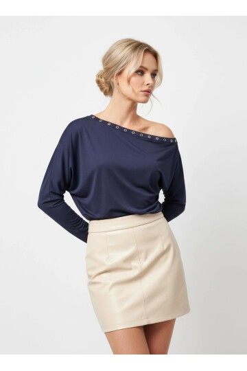 Kadın Kayık Yaka Yarasa Kol Yakası Troklu Lycralı Penye Bluz