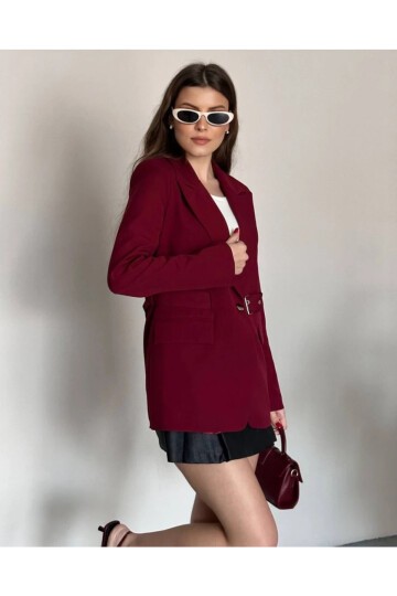 Kadın Kemerli Toka Detay Premium Blazer Ceket Bordo