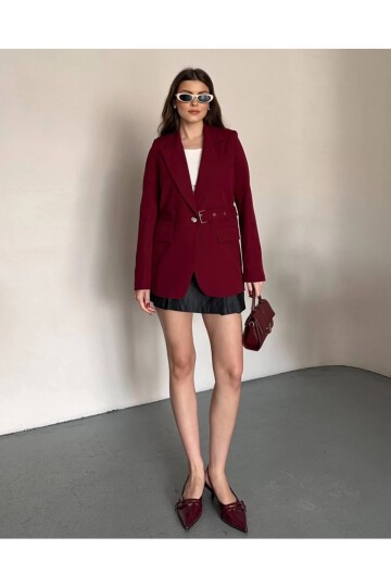 Kadın Kemerli Toka Detay Premium Blazer Ceket Bordo