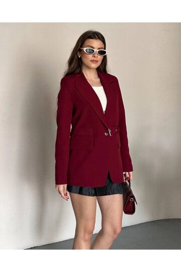 Kadın Kemerli Toka Detay Premium Blazer Ceket Bordo