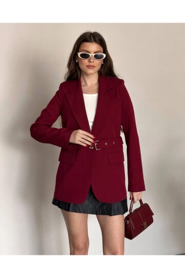 Kadın Kemerli Toka Detay Premium Blazer Ceket Bordo