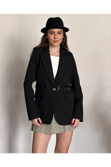 Kadın Kemerli Toka Detay Premium Blazer Ceket Siyah