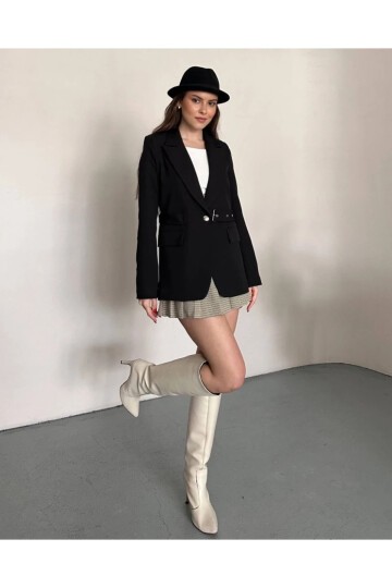 Kadın Kemerli Toka Detay Premium Blazer Ceket Siyah