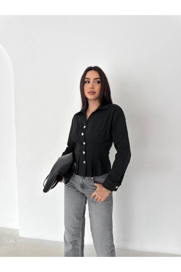 Kadın Korse Detaylı Gold Düğmeli Siyah Gömlek