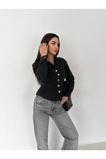 Kadın Korse Detaylı Gold Düğmeli Siyah Gömlek