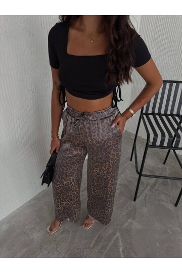 Kadın Leopar Desenli Beli Lastikli Bol Paça Pantalon