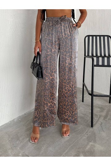 Kadın Leopar Desenli Beli Lastikli Bol Paça Pantalon