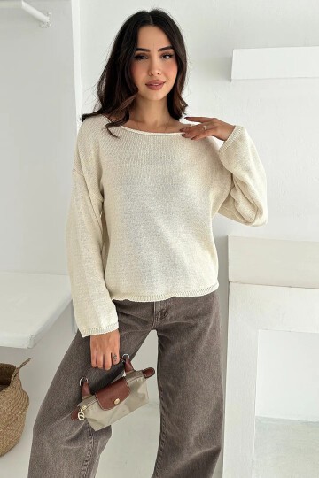 Kadın Omuz Açık Salaş Triko Kazak – Soft Elegance