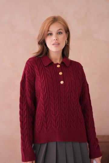 Kadın Polo Düğme Detay Saç Örgü Triko Kazak