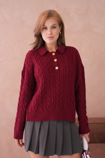 Kadın Polo Düğme Detay Saç Örgü Triko Kazak