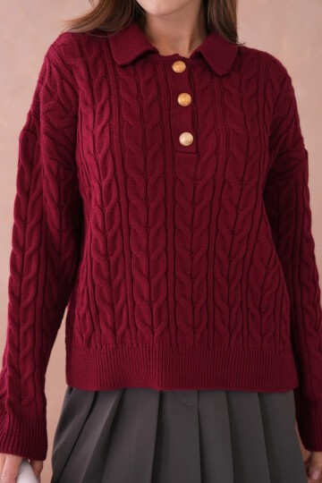 Kadın Polo Düğme Detay Saç Örgü Triko Kazak