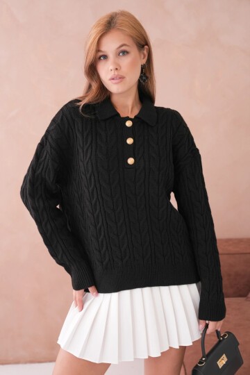 Kadın Polo Düğme Detay Saç Örgü Triko Kazak