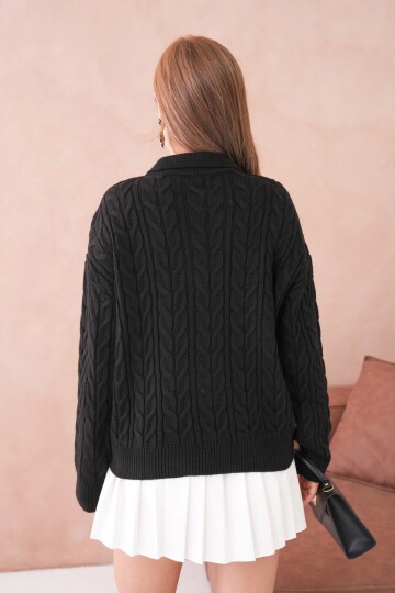 Kadın Polo Düğme Detay Saç Örgü Triko Kazak