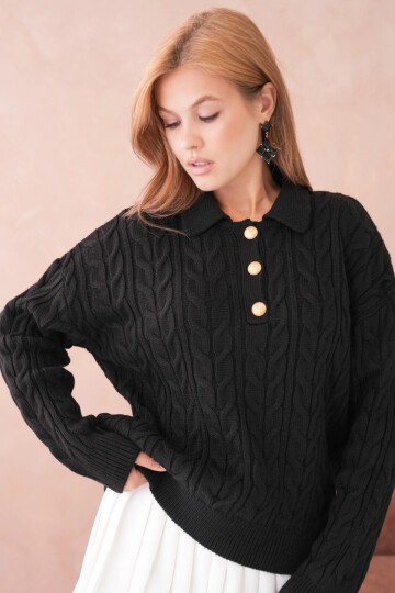 Kadın Polo Düğme Detay Saç Örgü Triko Kazak