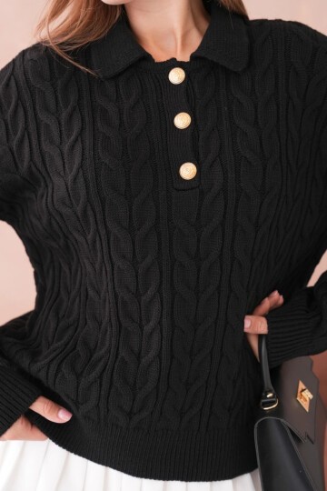 Kadın Polo Düğme Detay Saç Örgü Triko Kazak
