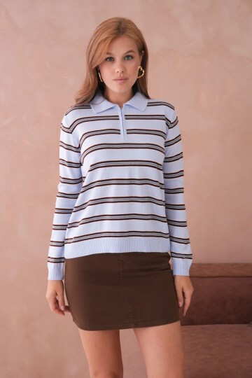 Kadın Polo Yaka Çizgi Detay Oversize Triko Kazak