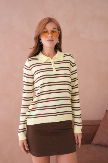 Kadın Polo Yaka Çizgi Detay Oversize Triko Kazak