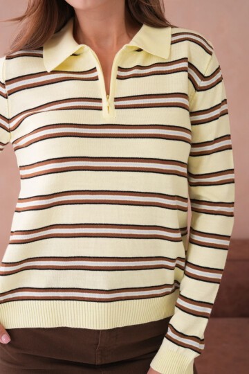 Kadın Polo Yaka Çizgi Detay Oversize Triko Kazak