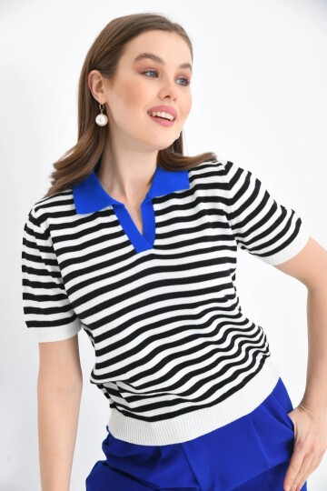 Kadın Polo Yaka Çizgili Triko Kazak