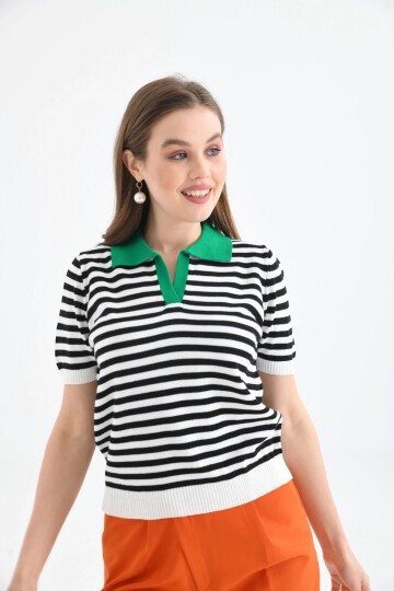 Kadın Polo Yaka Çizgili Triko Kazak