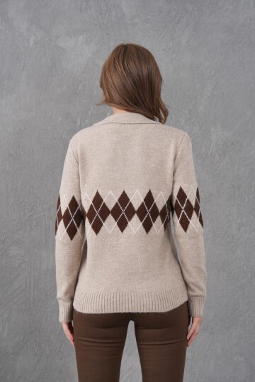 Kadın Polo Yaka Desenli Yarım Pat Triko Kazak