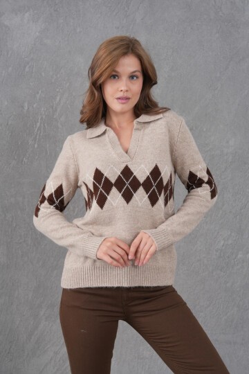 Kadın Polo Yaka Desenli Yarım Pat Triko Kazak