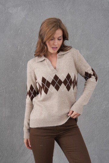 Kadın Polo Yaka Desenli Yarım Pat Triko Kazak