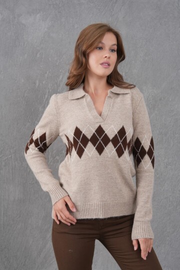 Kadın Polo Yaka Desenli Yarım Pat Triko Kazak