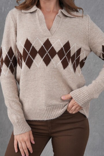 Kadın Polo Yaka Desenli Yarım Pat Triko Kazak