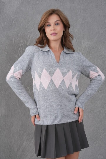 Kadın Polo Yaka Desenli Yarım Pat Triko Kazak