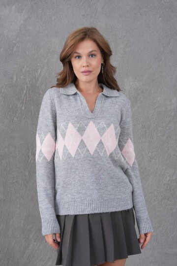 Kadın Polo Yaka Desenli Yarım Pat Triko Kazak