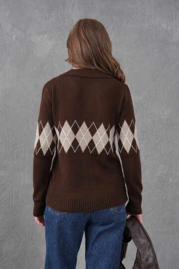 Kadın Polo Yaka Desenli Yarım Pat Triko Kazak