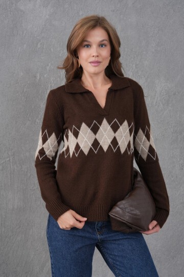 Kadın Polo Yaka Desenli Yarım Pat Triko Kazak