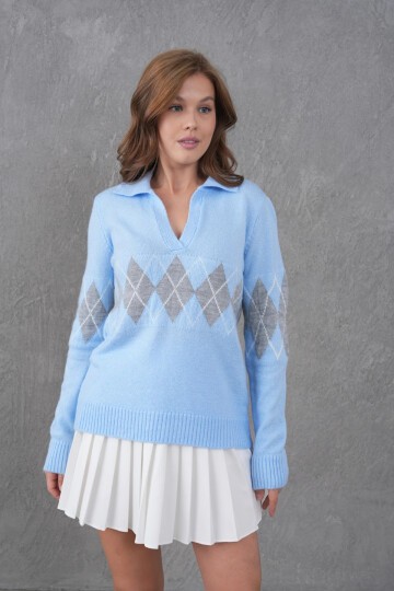 Kadın Polo Yaka Desenli Yarım Pat Triko Kazak